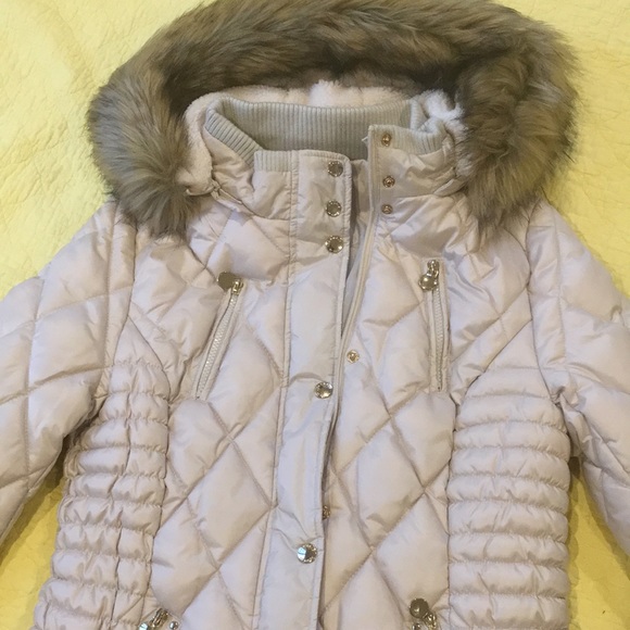 New! Laundry By Design Cream/Gold Quilted Puffer Coat Fur Trim Hood Large - Picture 9 of 13